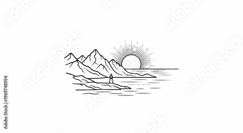 Sunrise over mountains and sea with a lighthouse