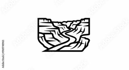 Stylized linear representation of a deep canyon with a winding river at its base