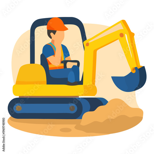 Construction worker operates excavator digging soil, representing heavy machinery use and earthmoving tasks on building site.