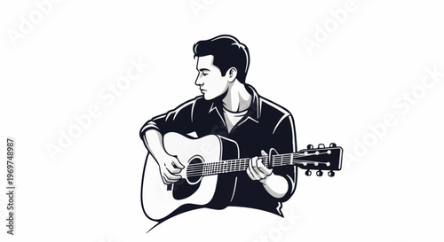 Stylized man playing an acoustic guitar, looking down