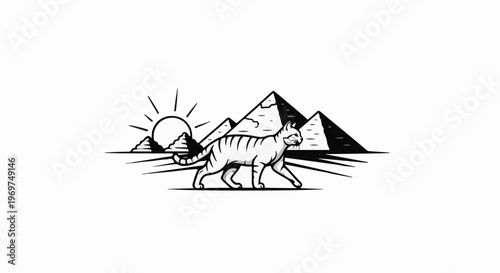 Stylized cat walks before pyramids under a radiating sun