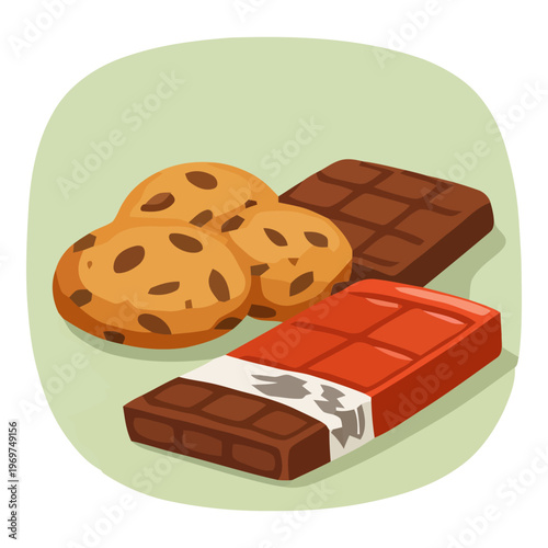 Assorted chocolate bars and cookies displayed together, representing sugary treats, dessert snacks, and indulgent food choices.