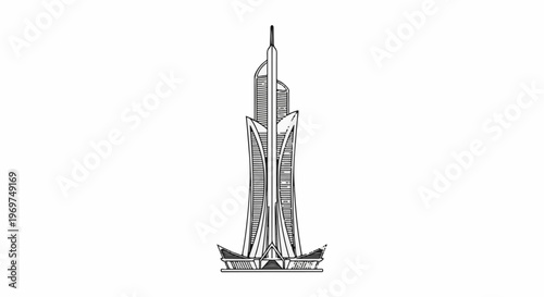 Stylized monochromatic sketch of a futuristic skyscraper with angled facade and pointed spire