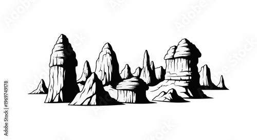 Stylized monochrome illustration of a dramatic rock formation landscape