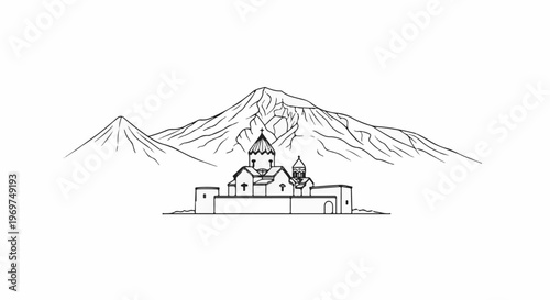 Stylized monochrome sketch of a monastery complex with domed structures and mountains