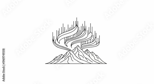Stylized mountain range under a wavy aurora borealis in black and white