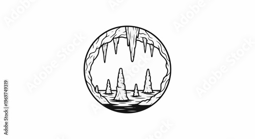 Stylized circular depiction of a cave with stalactites and stalagmites