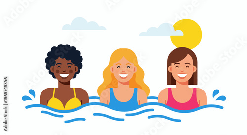 Three smiling women in swimwear enjoying the water under a sunny sky
