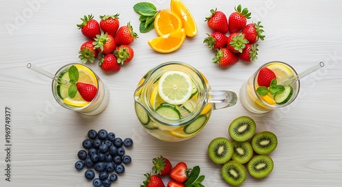 Invigorating Detox Water with Fresh Fruits on a Wooden Surface Concept