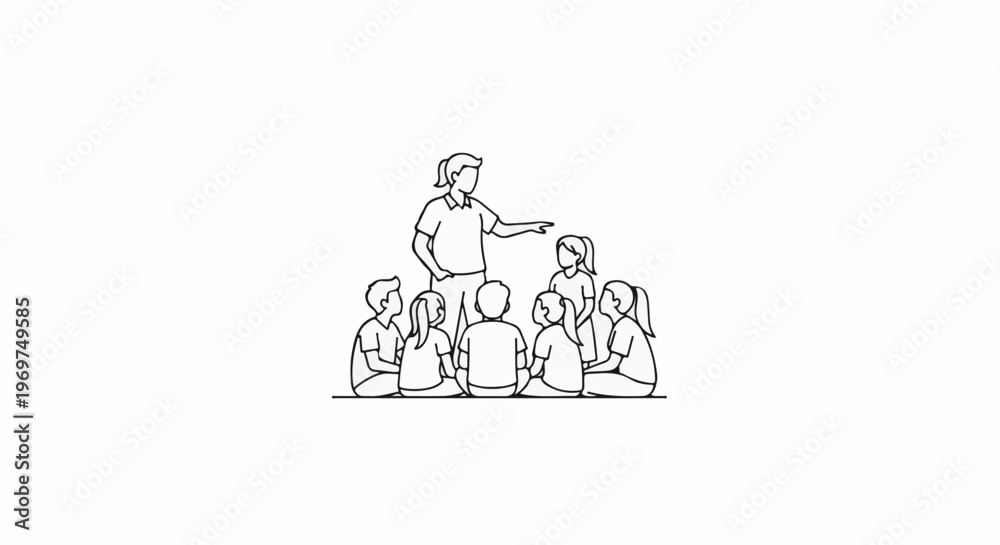 Fototapeta premium Teacher pointing to students sitting in a circle on the ground