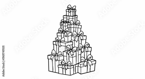 Tall stack of wrapped presents tied with bows, a delightful gift display