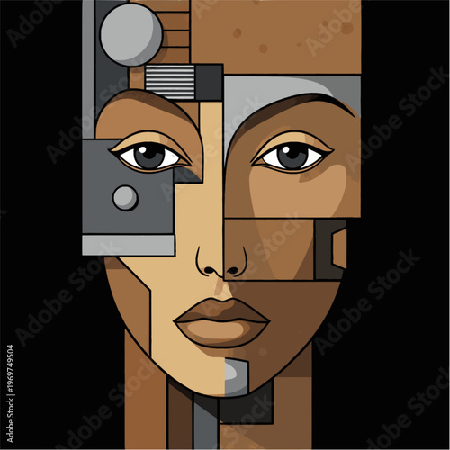geometric female portrait vector abstract face cubist style taupe mocha beige greige black background modern wall art