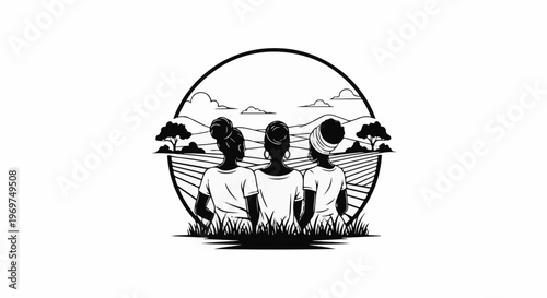 Three women in silhouette facing a rural landscape within a circle
