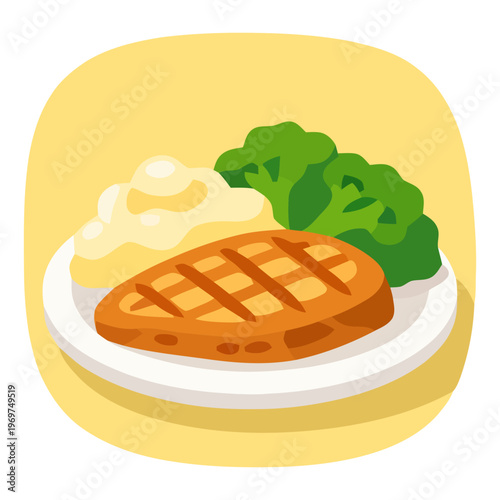 Healthy meal with grilled chicken breast, creamy mashed potatoes, and fresh broccoli, ideal for balanced diet and dinner concepts.