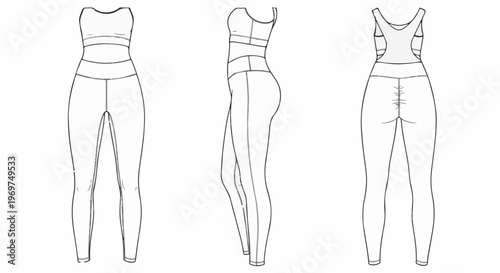 Three views of a black and white line drawing of athletic wear