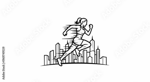 Stylized runner with ponytail in motion against city skyline