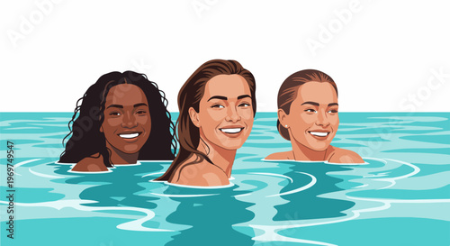 Three women smiling and enjoying themselves in clear blue water