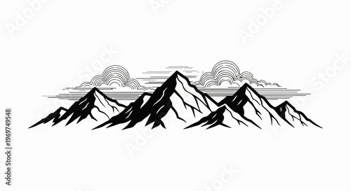 Stylized mountain range with striped clouds above