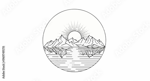 Stylized mountain range with sunburst and water reflection in circle