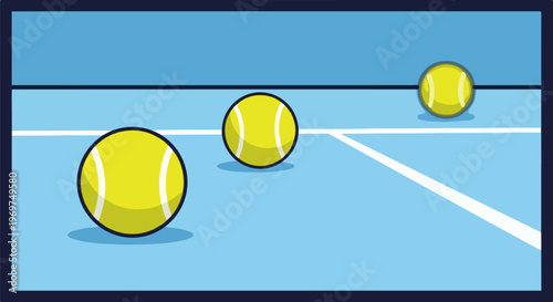 Three yellow tennis balls on a blue court with white lines