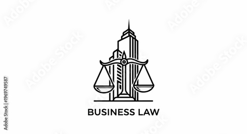 Stylized scales of justice superimposed on a skyscraper's outline