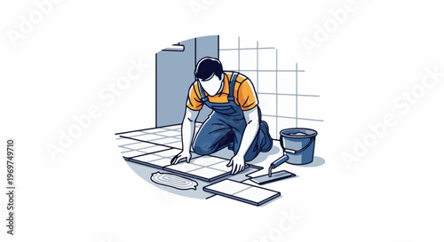 Tiler kneels and places tiles, with bucket and trowel nearby