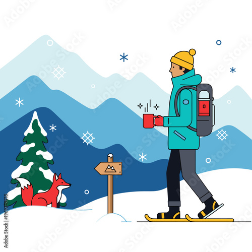 Winter Snowshoe Hiker at a Scenic Mountain Overlook