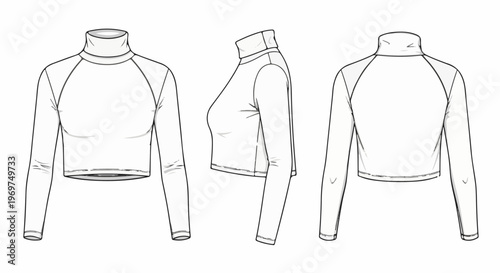 Technical sketch of a long-sleeved crop top with a mock neck