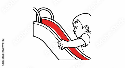 Toddler gripping a red and white slide, ready to play