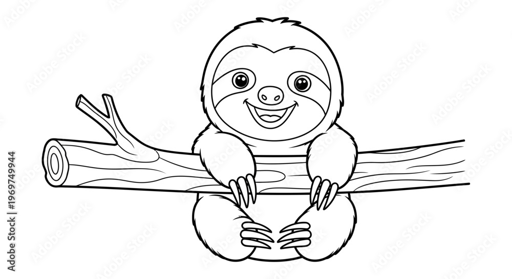 Fototapeta premium Cute baby sloth hanging on a tree branch, black and white line art, coloring page