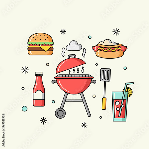 Flat Vector BBQ Grill Party Icon Set