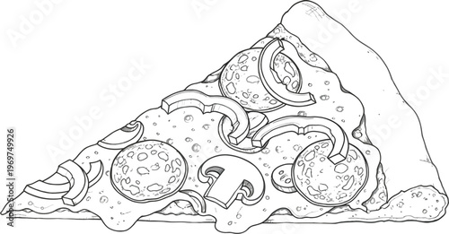 Delicious pizza slice, food illustration, vector icon, black and white