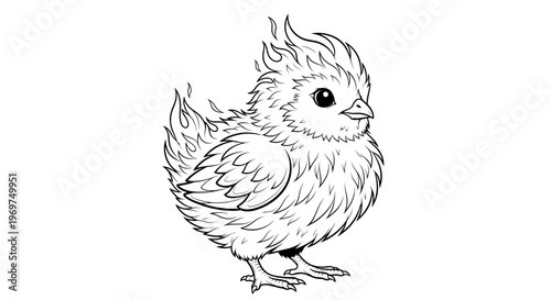 Cute baby phoenix chick with fiery plumage, line art illustration