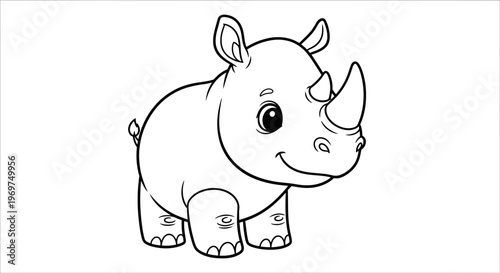 Cute baby rhino cartoon coloring page, simple line art for kids