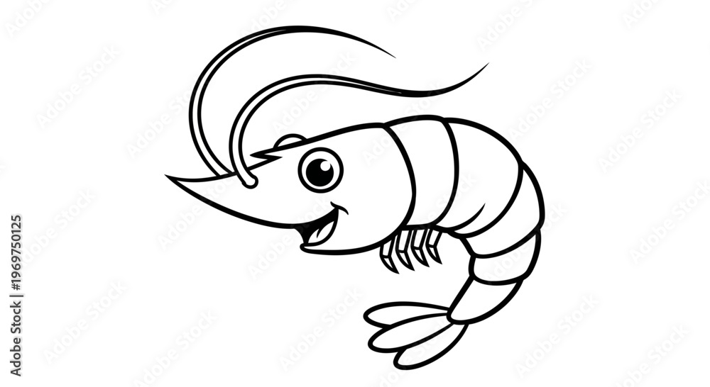 Fototapeta premium Cute cartoon shrimp illustration, black and white line art, isolated on white background.