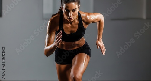 Female Athlete in Action, Sprinting with Focus and Determination Against a Dark Background