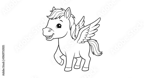 Cute cartoon pegasus coloring page, outline drawing of a flying horse with wings