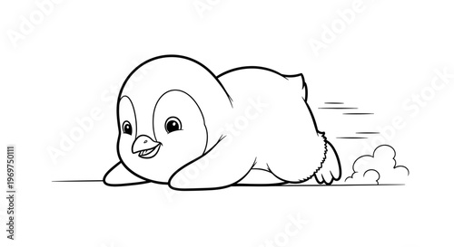 Cute cartoon penguin sliding on its belly, black and white line art, vector illustration
