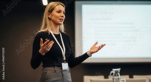 Professional woman giving presentation in modern conference room with focus on audience engagement