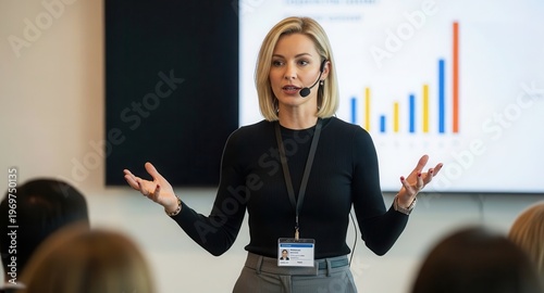 Businesswoman Presenting Data Trends in Modern Office Setting with Audience Engagement
