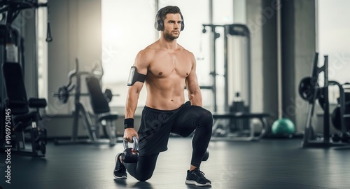 Athletic man performing lunges with dumbbell while listening to music in modern gym setting