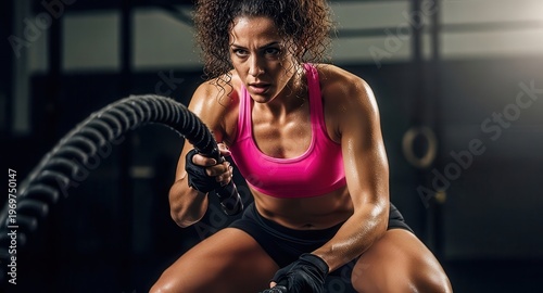 Determined Woman Engaging in Intense Battle Rope Workout in Modern Gym Environment