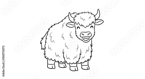 Cute cartoon yak, black and white line drawing, isolated on white background
