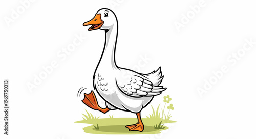 Happy cartoon goose walking in grass with flowers