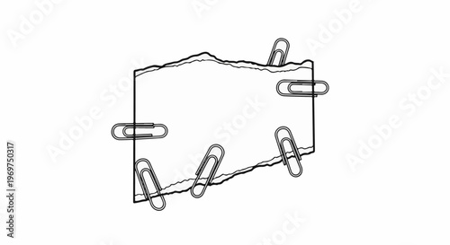 Torn paper fragment held by multiple paperclips, simple illustration