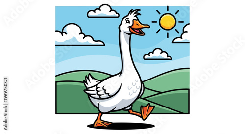 Happy Goose Walking in Sunny Green Landscape