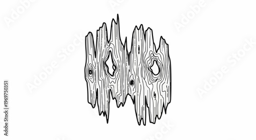 Stylized illustration of a knotty, weathered wooden plank with jagged edges
