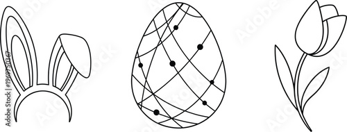 Simple black and white line art illustrations depicting popular spring holiday symbols including bunny ears, a decorative egg, and a beautiful tulip flower.