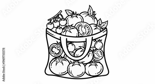 Tote bag brimming with fresh tomatoes, some sliced open, ready for use