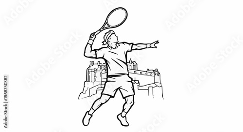 Tennis player serving in front of a castle